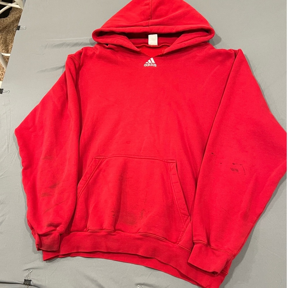 Vintage Adidas Hoodie Red Center Logo Pullover Sweatshirt XL Distressed Y2K